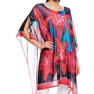Tommy Bahama floral Poncho Knit Sheer cotton Shirt cover up Dolman Sleeves OSFA